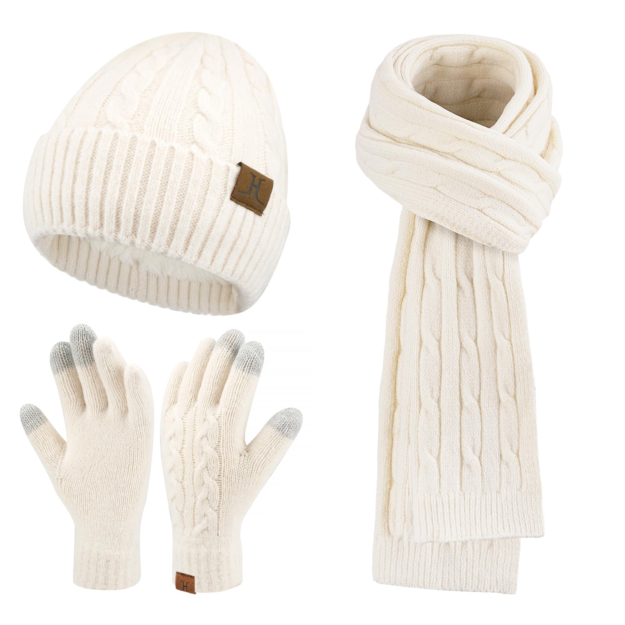 Womens Winter Beanie Hats Long Scarf Touchscreen Gloves Set Warm Knit Skull Caps Gifts for Women